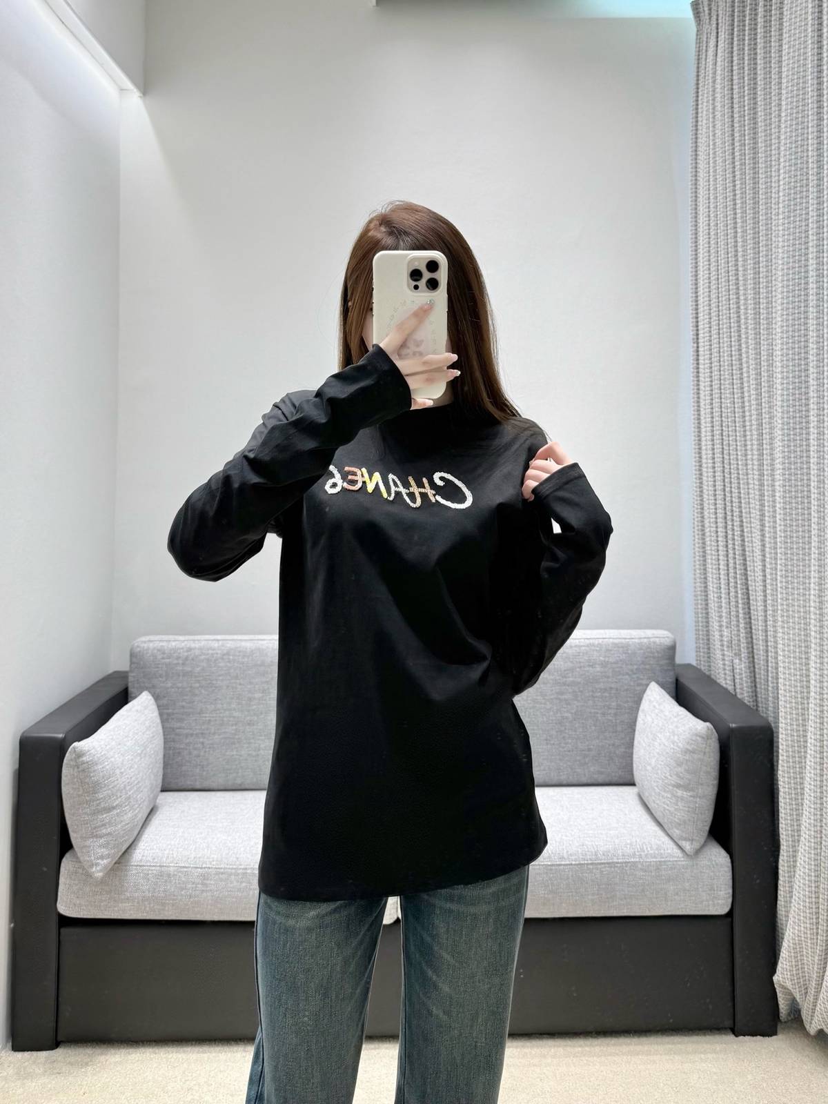 CHANEL シャネル 長袖Tシャツ ロゴTシャツ クルーネック コットン ブラック