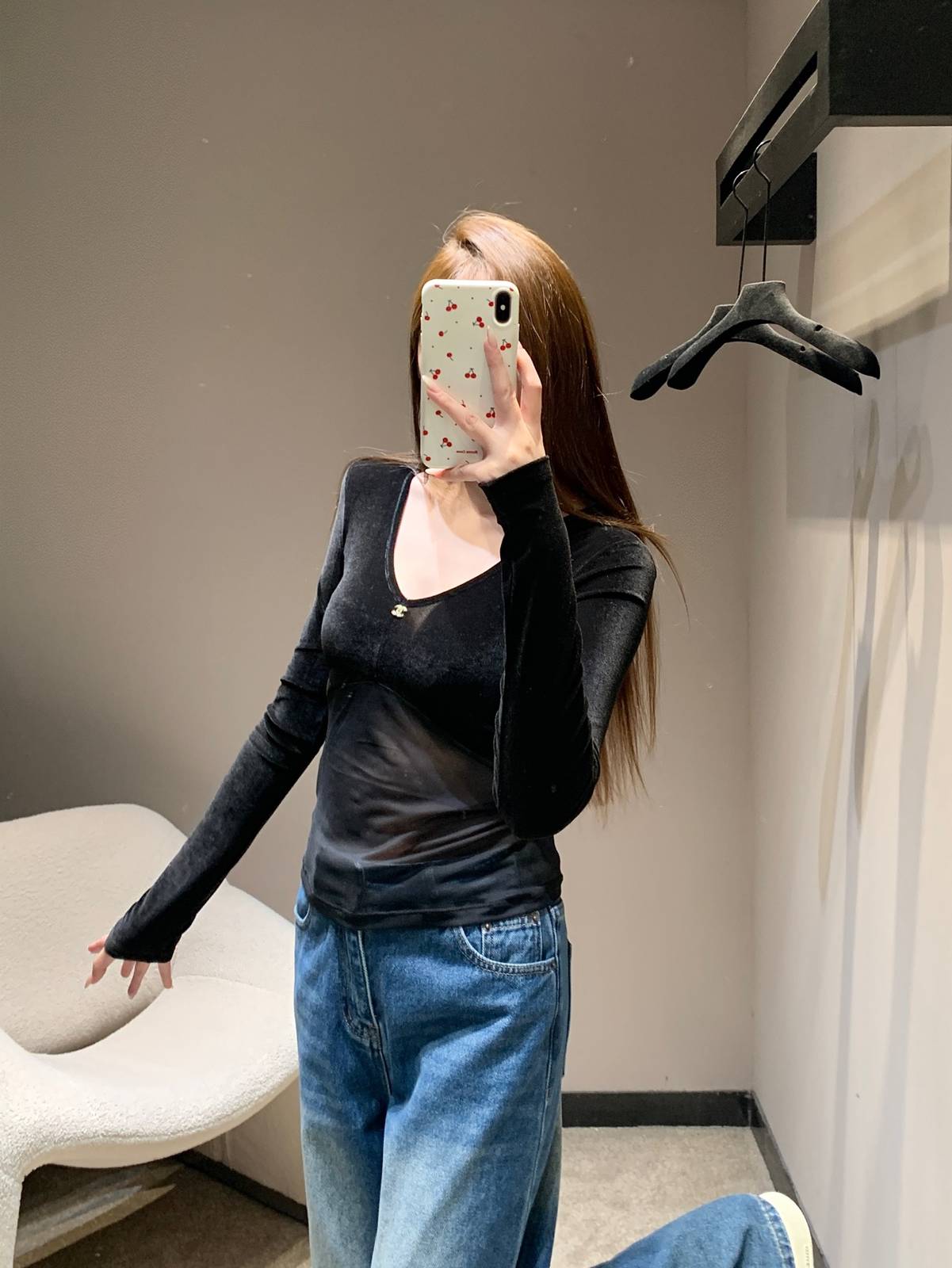 CHANEL シャネル 長袖Tシャツ ココマーク メッシュ切替 Vネック ブラック ベージュ