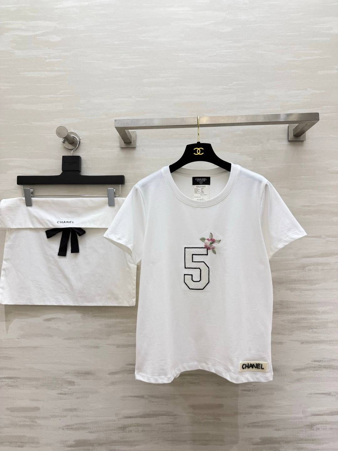 CHANEL シャネル 半袖Tシャツ 数字5 ビーズ刺繍 クルーネック コットン ホワイト