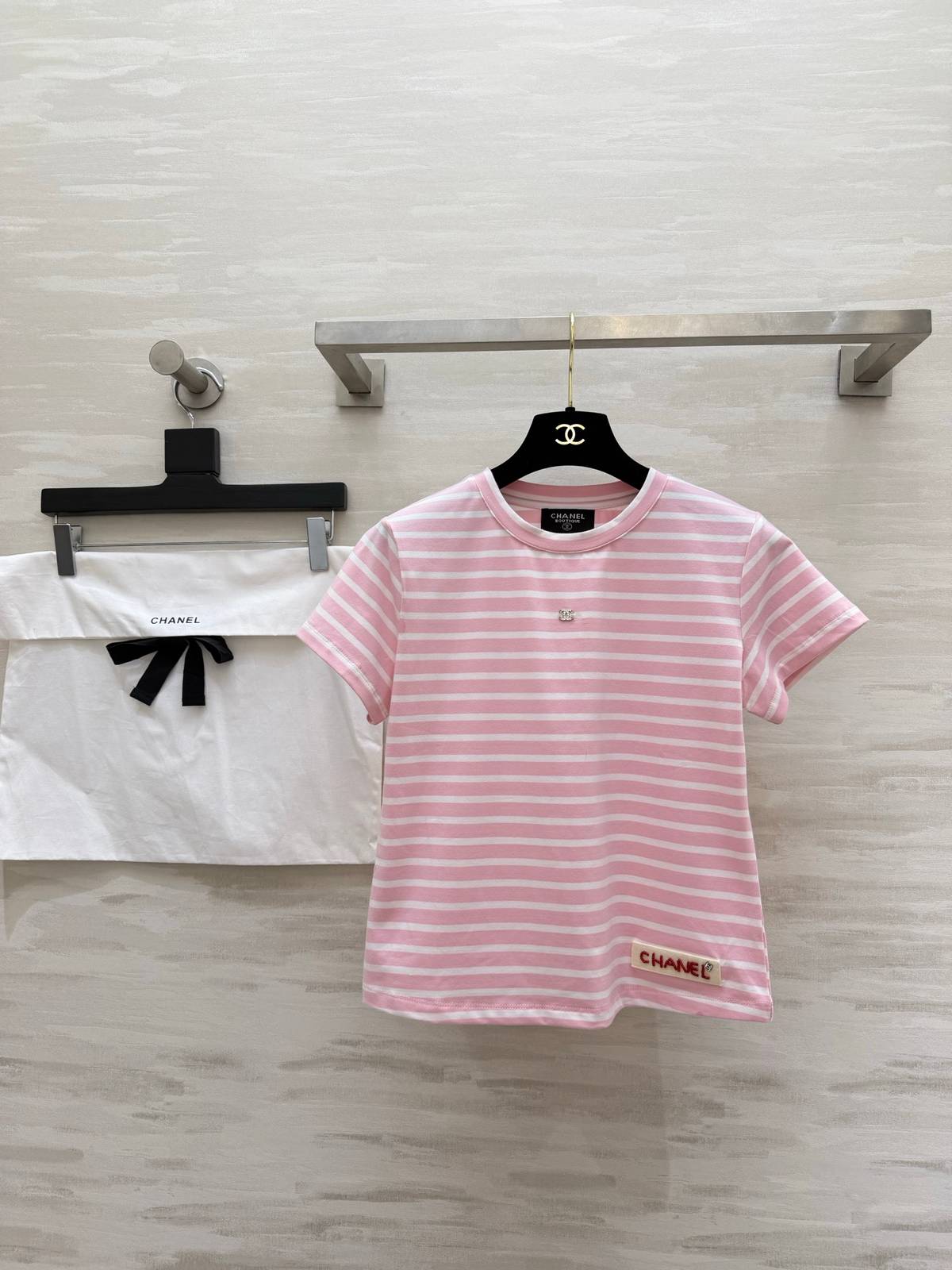 CHANEL シャネル レディース 半袖Tシャツ ボーダー ココマーク クルーネック 綿100 上品 ピンク