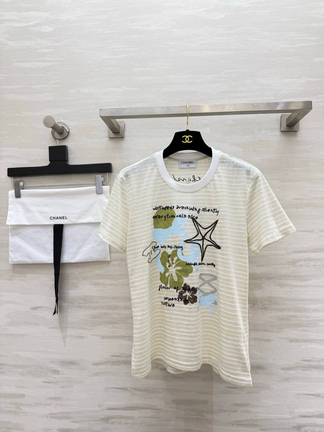 CHANEL シャネル 半袖Tシャツ ボーダー ロゴTシャツ クルーネック コットン ホワイト