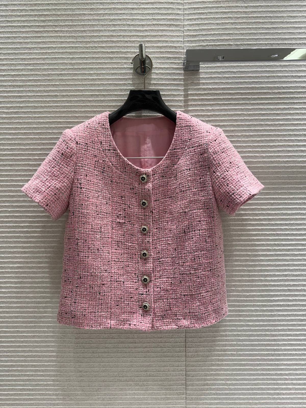 CHANEL シャネル レディース ジャケット ツイード柄 クルーネック 半袖 高級感 ピンク