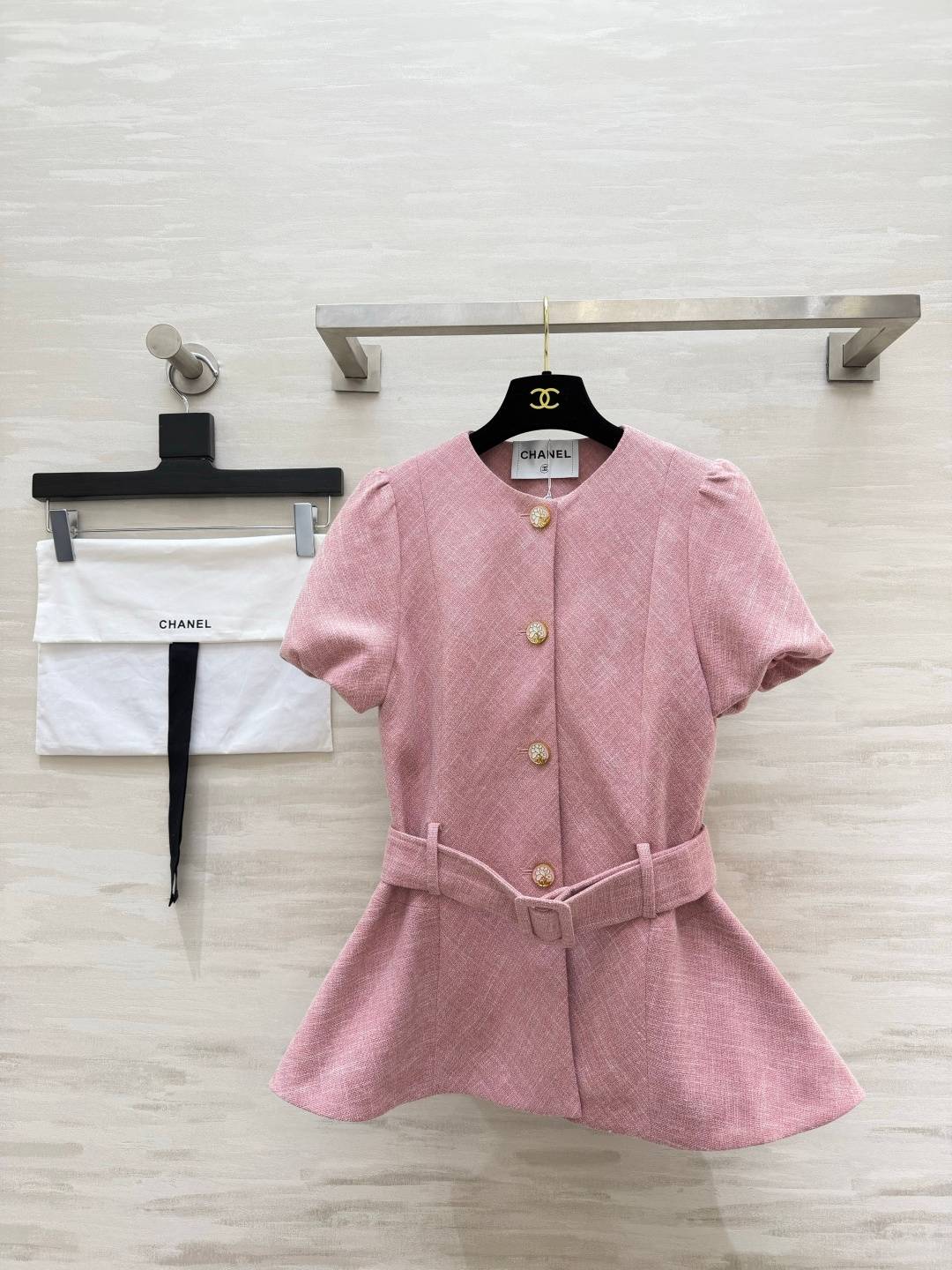 CHANEL シャネル 半袖ジャケット ツイード風 ココマーク クルーネック ウエストベルト 高級感 パステルピンク