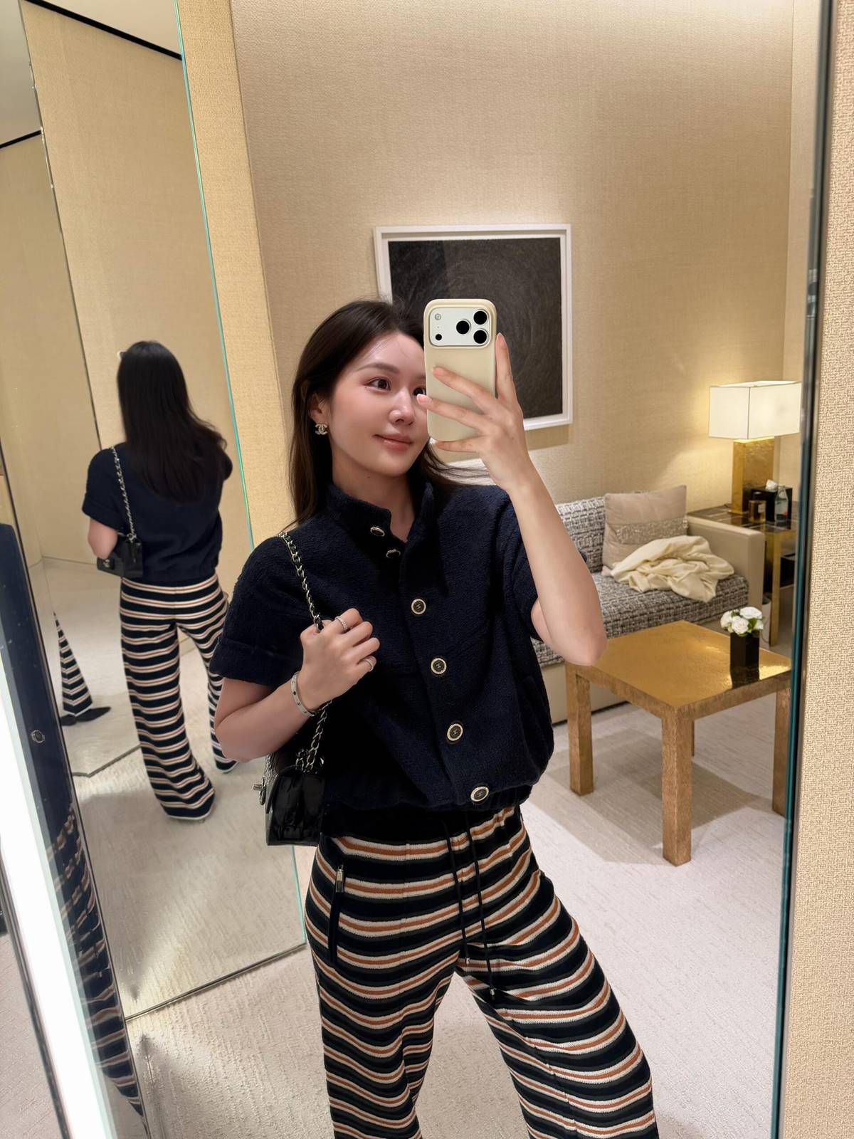 CHANEL シャネル ツイード 立襟 ショートスリーブ ジャケット メタルボタン ココマーク 高級感 ネイビー