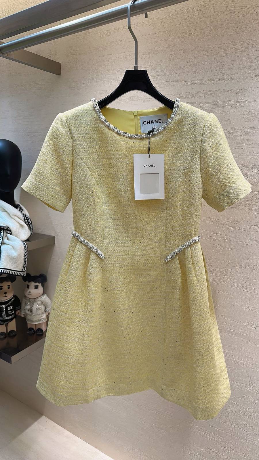 CHANEL シャネル ツイードワンピース 半袖 Aライン 装飾 イエロー