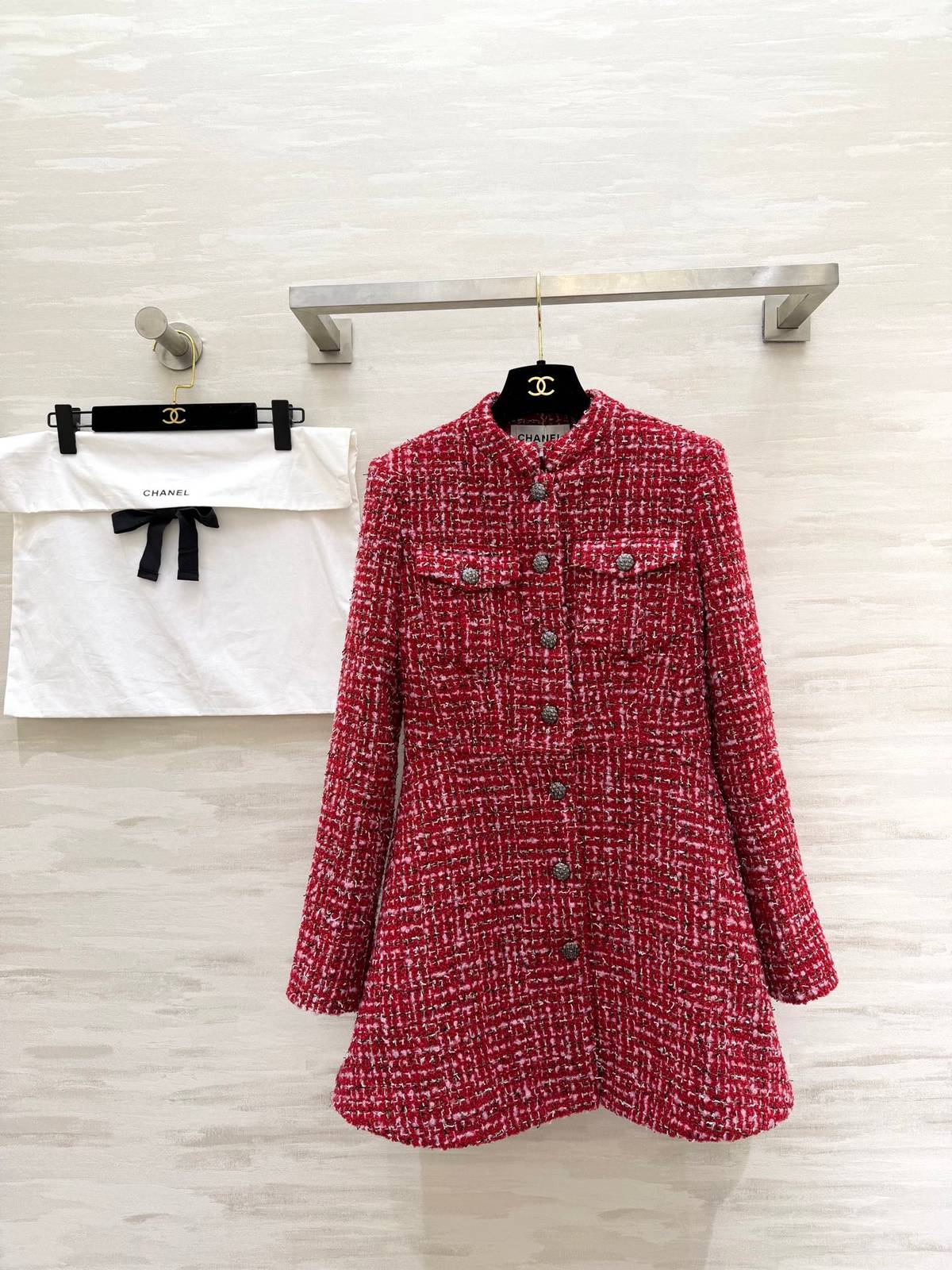 CHANEL シャネル ツイードワンピース 長袖 Aライン レッド