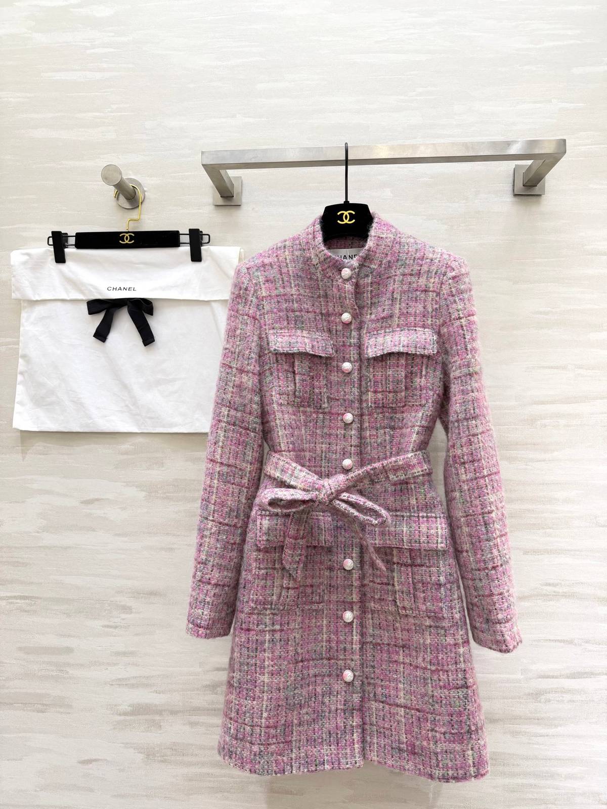 CHANEL シャネル ツイードワンピース 長袖 パールボタン ピンク