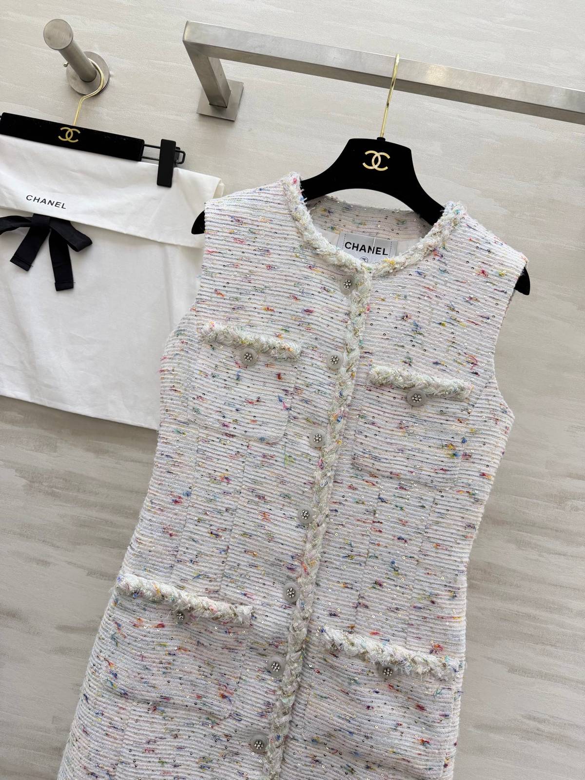CHANEL シャネル ツイードワンピース ノースリーブ Aライン ホワイト