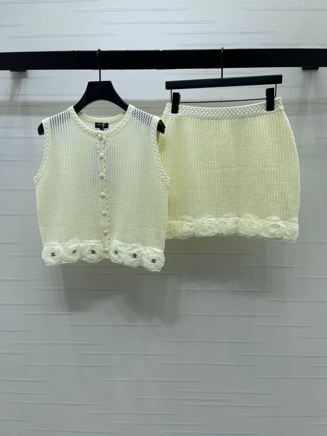 CHANEL シャネル ニットスカートセットアップ レディース ミニスカート オープンワーク アイボリー