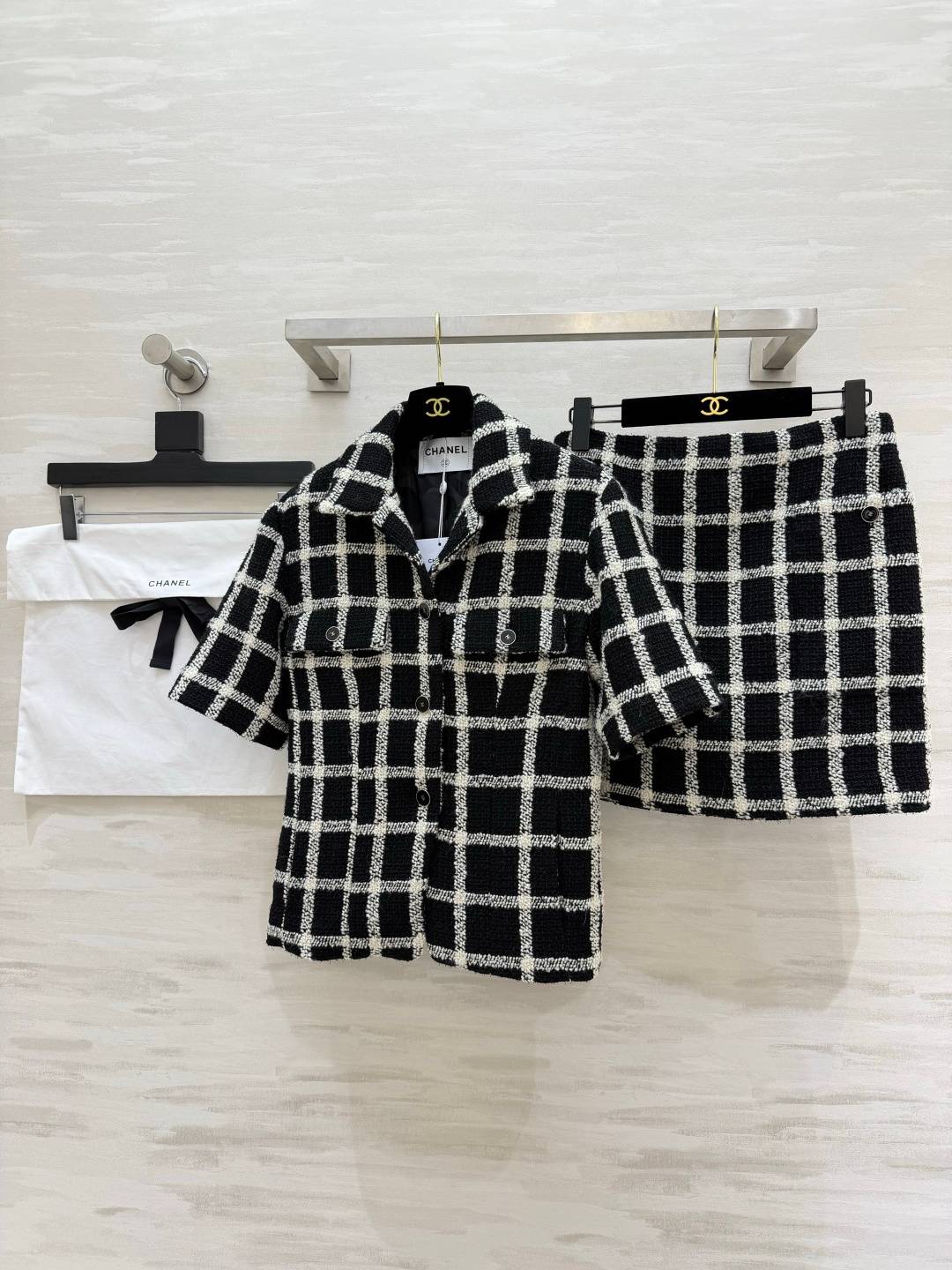 CHANEL シャネル スカートセットアップ ツイード チェック 半袖 黒白