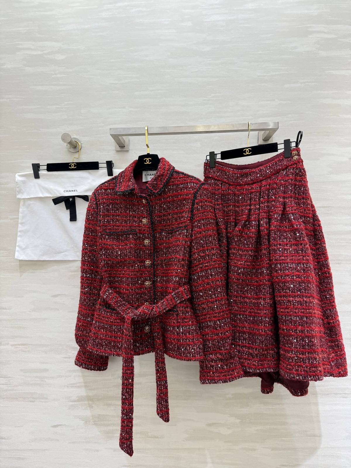 CHANEL シャネル スカートセットアップ レディース ツイード フォーマル レッド