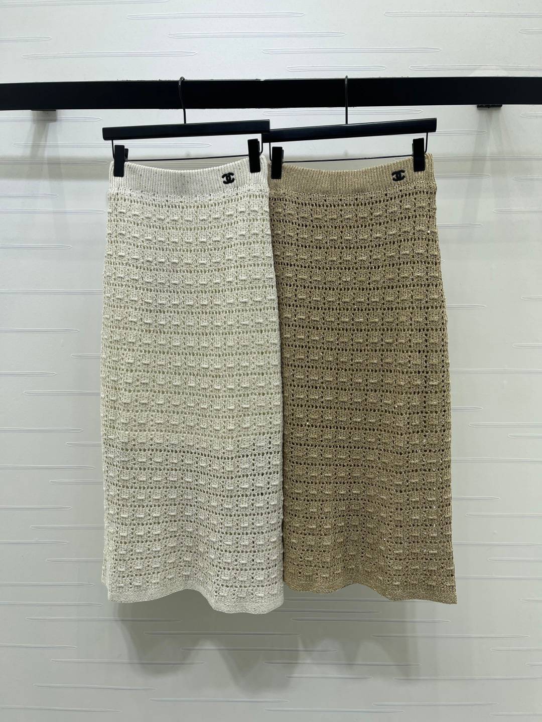 CHANEL シャネル ミディスカート ニット ロゴ 編み込み オフホワイト ベージュ