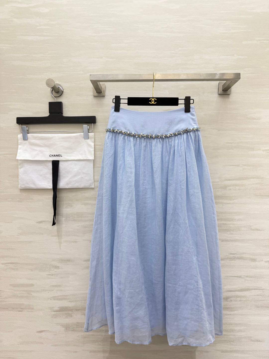 CHANEL シャネル ロングスカート Aライン ハイウエスト レディース ライトブルー
