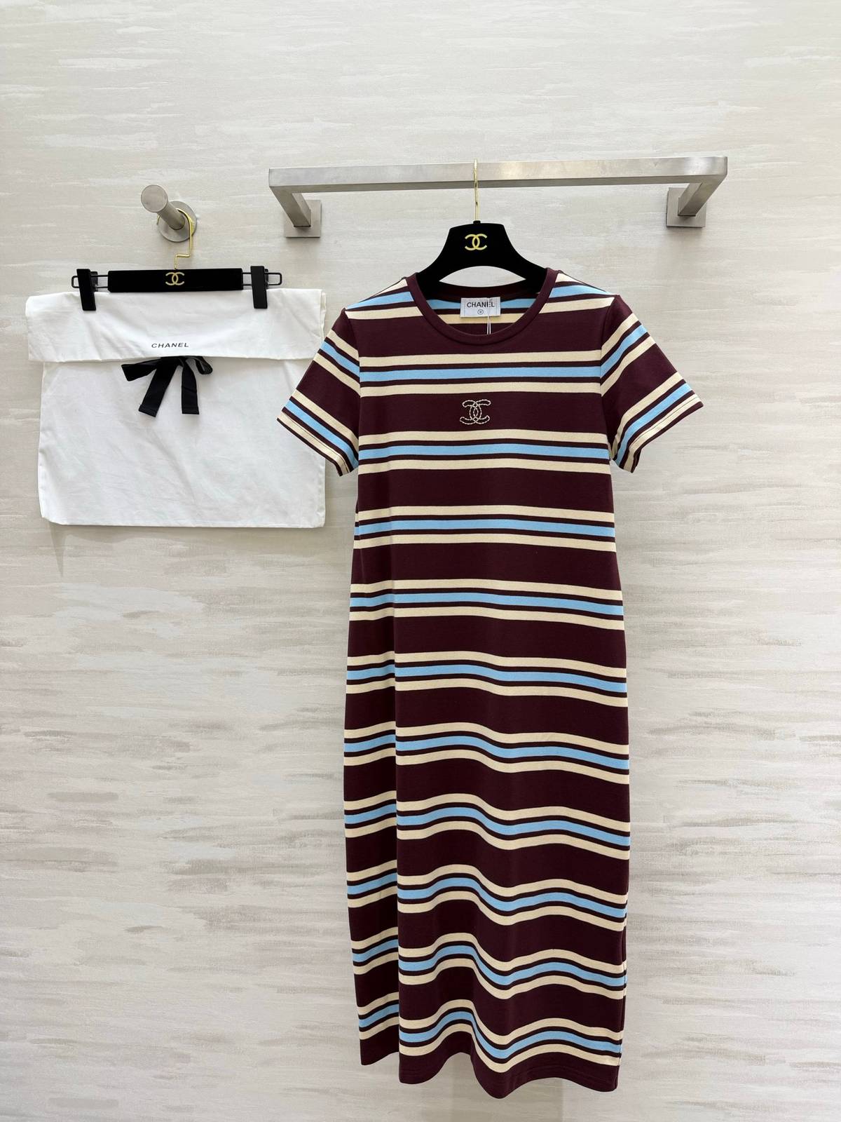 CHANEL シャネル 半袖 ストライプ ワンピース ワインレッド