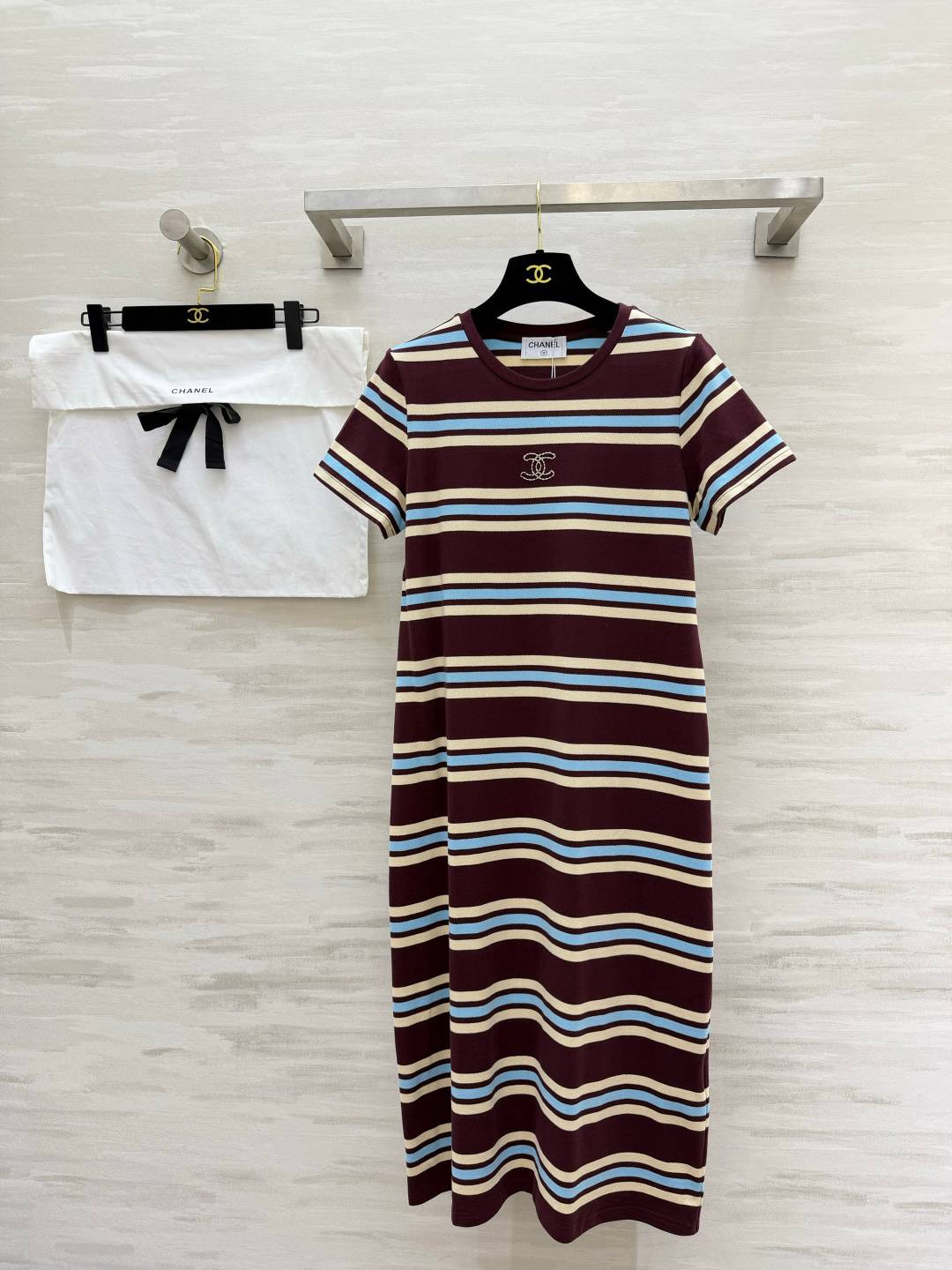 CHANEL シャネル ワンピース 半袖 ロングワンピース ストライプ ワインレッド