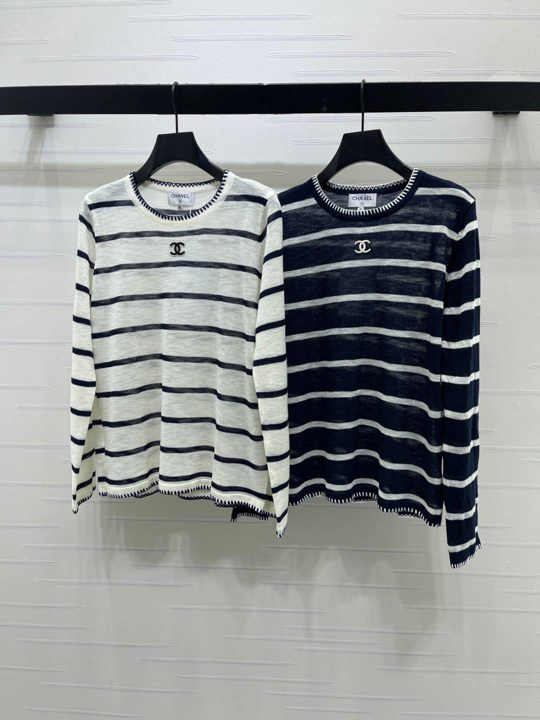 CHANEL シャネル ニット 長袖 クルーネック ストライプ 白 濃紺