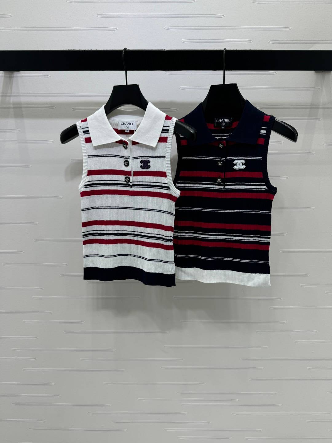 CHANEL シャネル ベスト ポロ ロゴ 編み 白赤黒