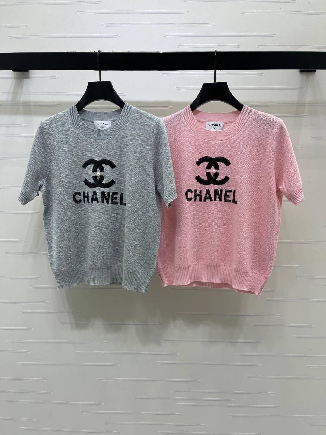 CHANEL シャネル ニット クルーネック パール グレー ピンク