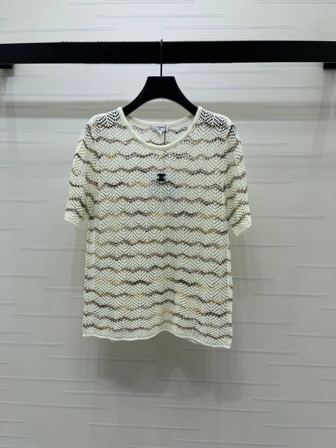 CHANEL シャネル 半袖ニット クルーネック メッシュ編み込み マルチカラー