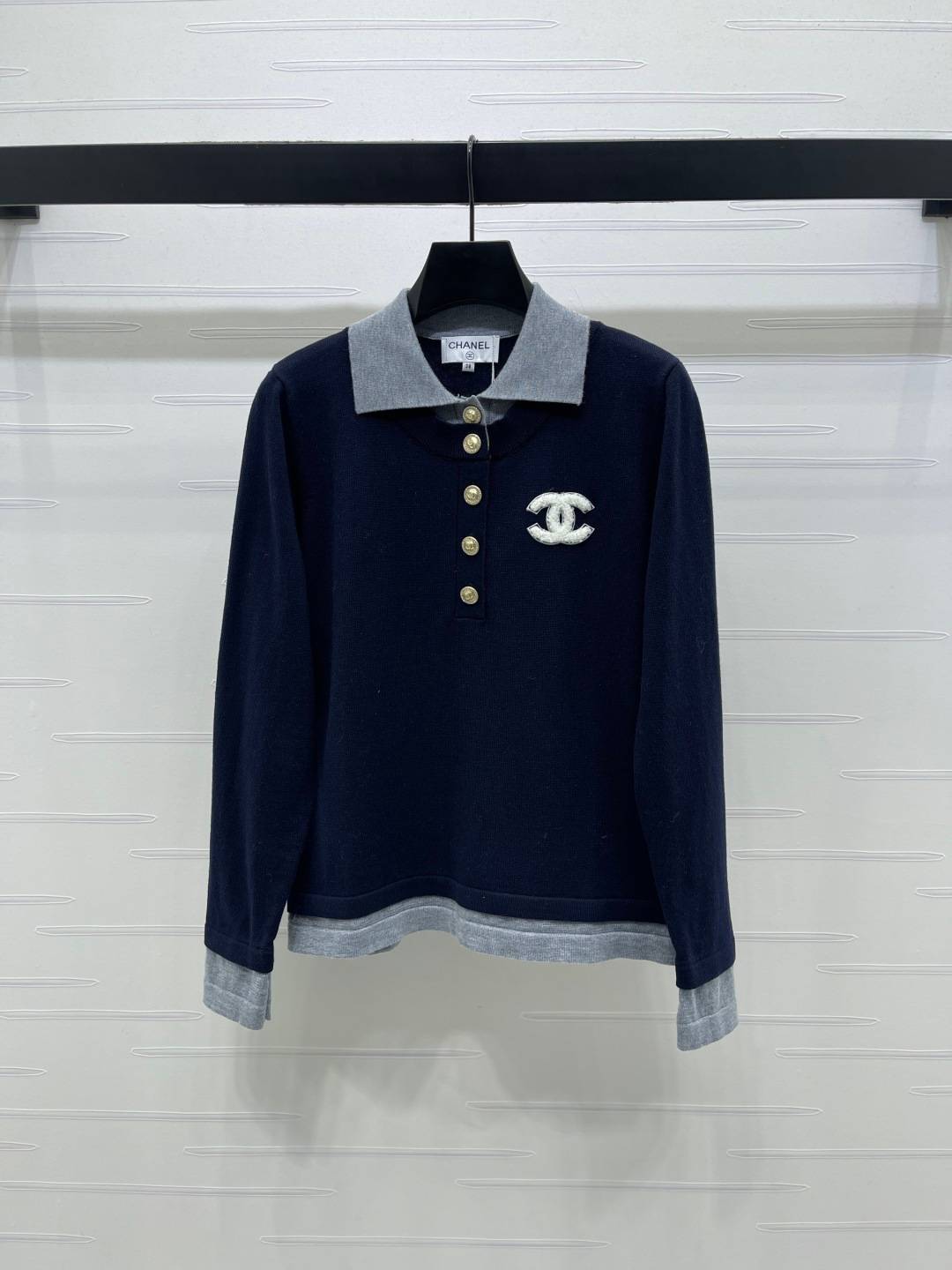 CHANEL シャネル ポロニット 長袖 ボタン ネイビー