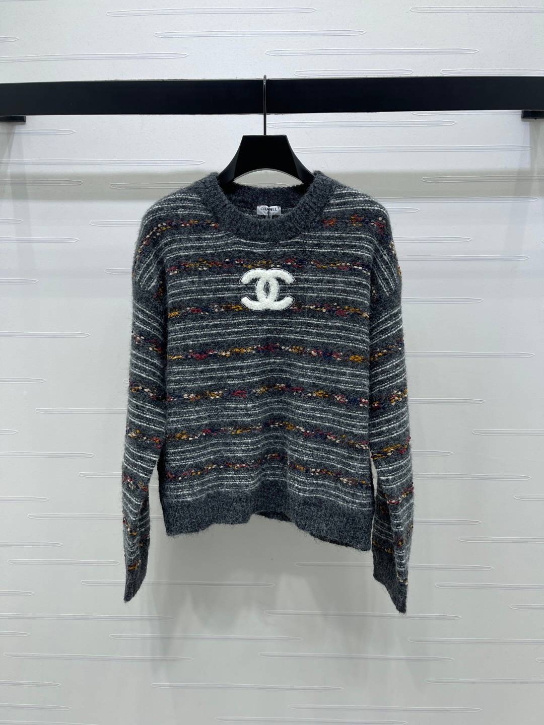 CHANEL シャネル セーター クルーネック 長袖 ストライプ グレー