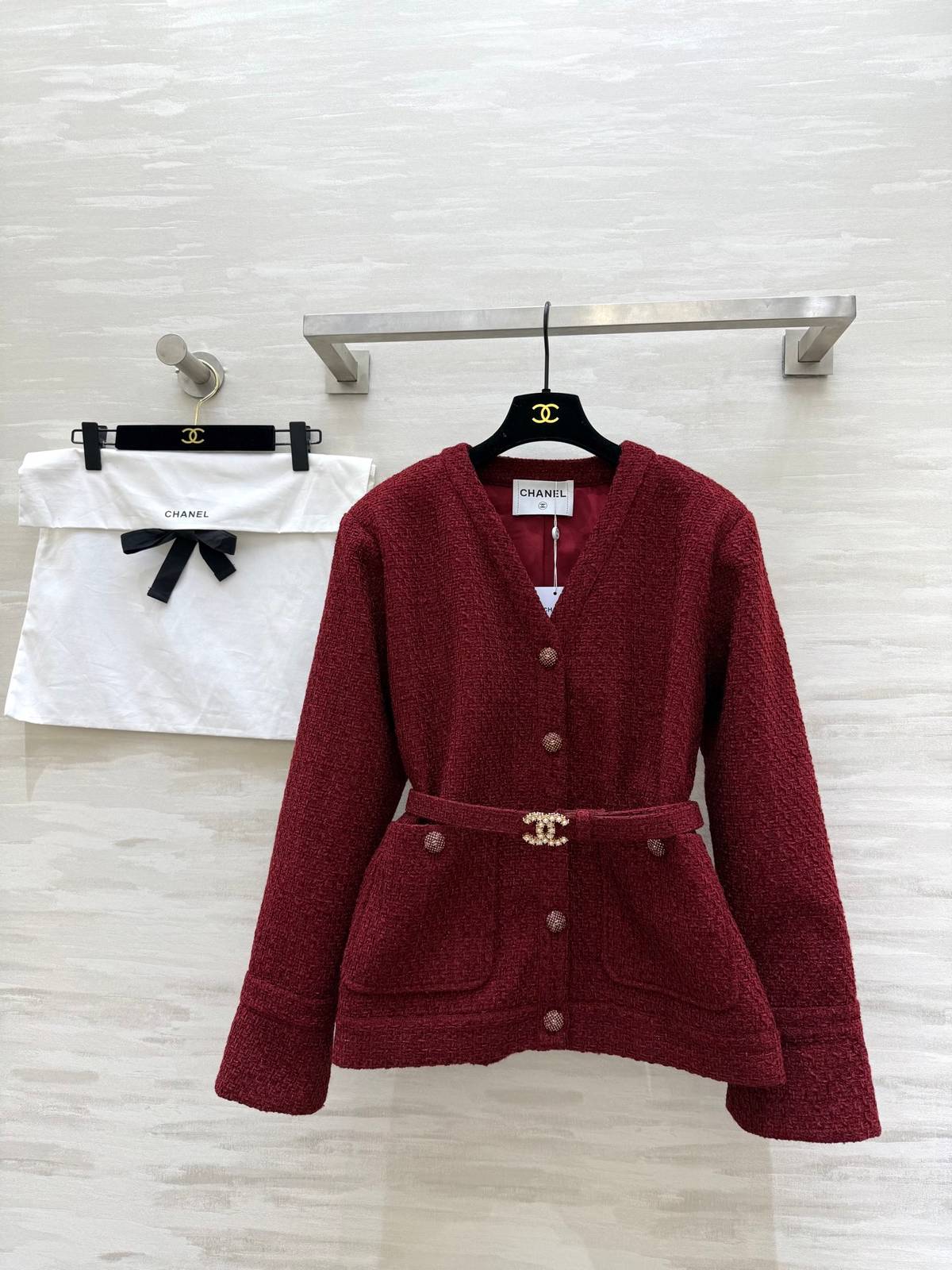 CHANEL シャネル ツイードジャケット レディース ロゴ ダークレッド