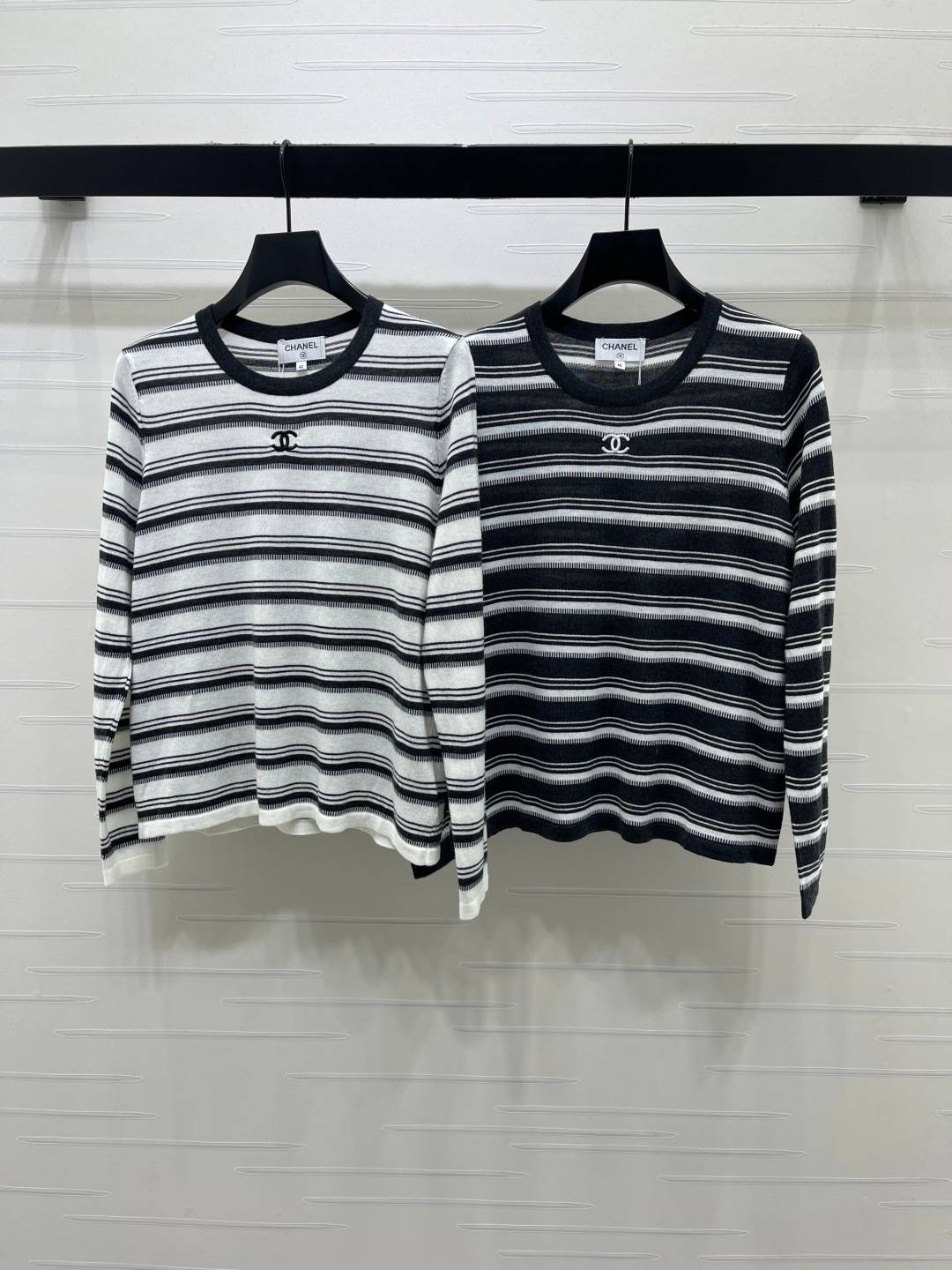 CHANEL シャネル ストライプニット 長袖 クルーネック ブラック ホワイト