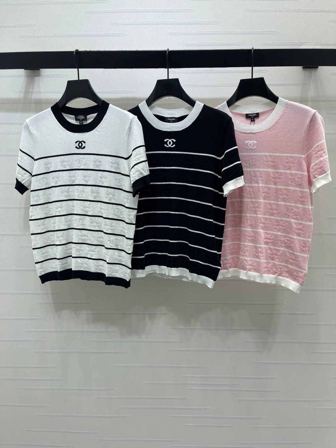 CHANEL シャネル ニット 半袖 クルーネック ストライプ ホワイト ブラック ピンク