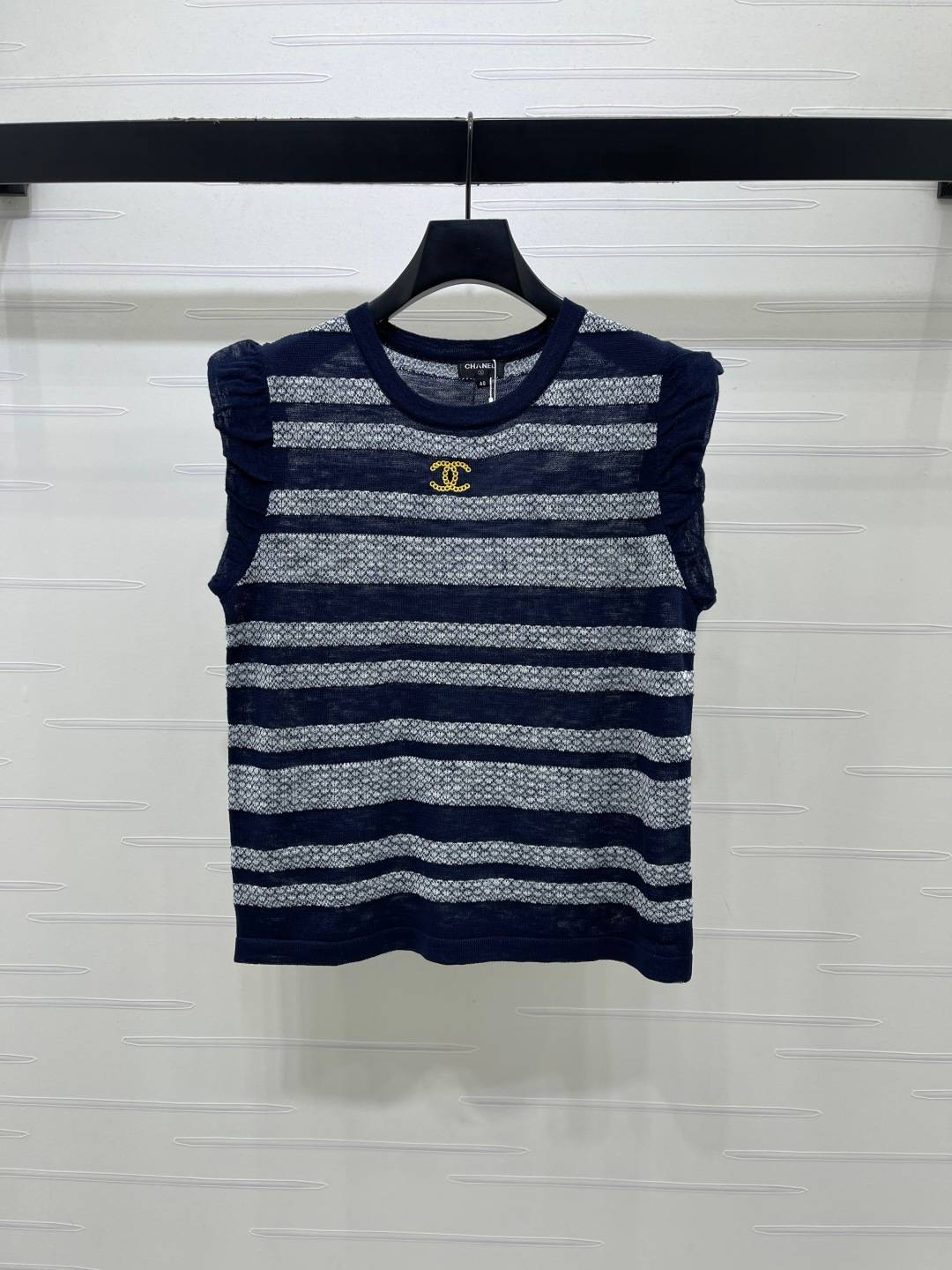 CHANEL シャネル ニットベスト ストライプ フリル ネイビー