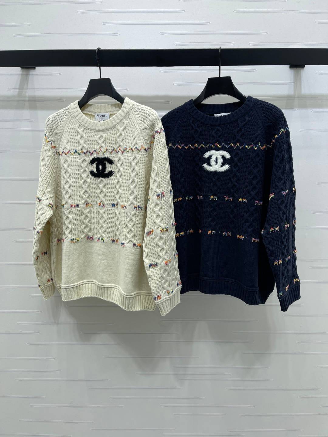 CHANEL シャネル ニット 長袖 クルーネック ベージュ ネイビー