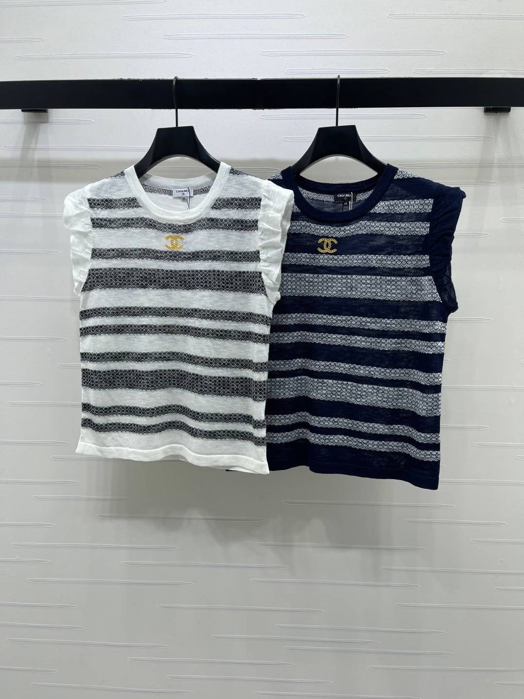 CHANEL シャネル ベスト ストライプ フリル ロゴ ホワイト ネイビー