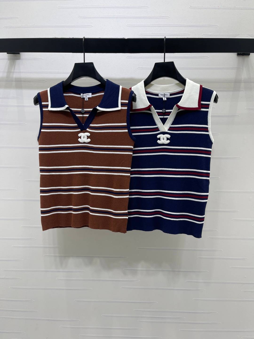 CHANEL シャネル リブニット Vネック ストライプ ショート丈 ブラウン ネイビー