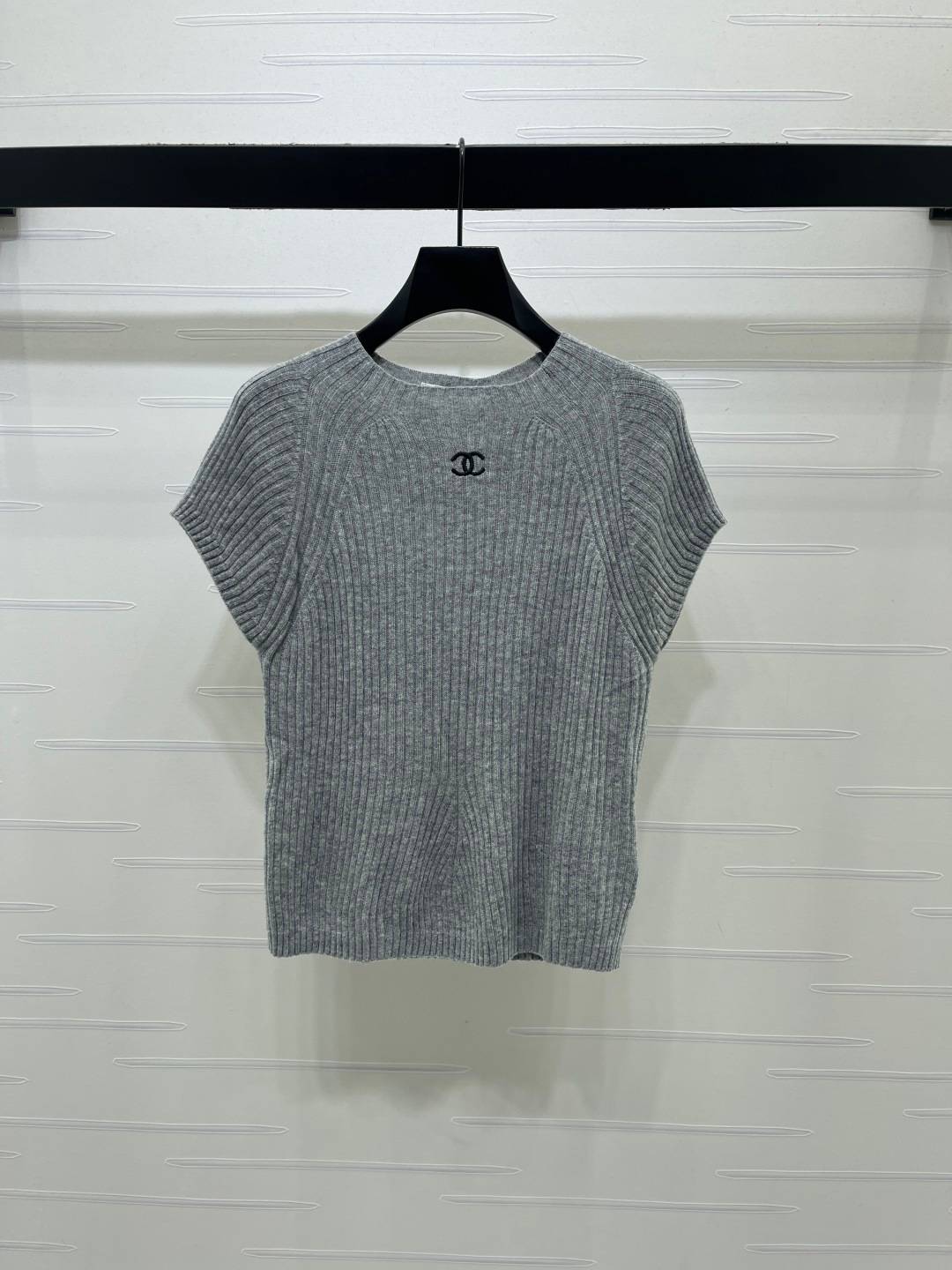 CHANEL シャネル リブニット 半袖 クルーネック グレー