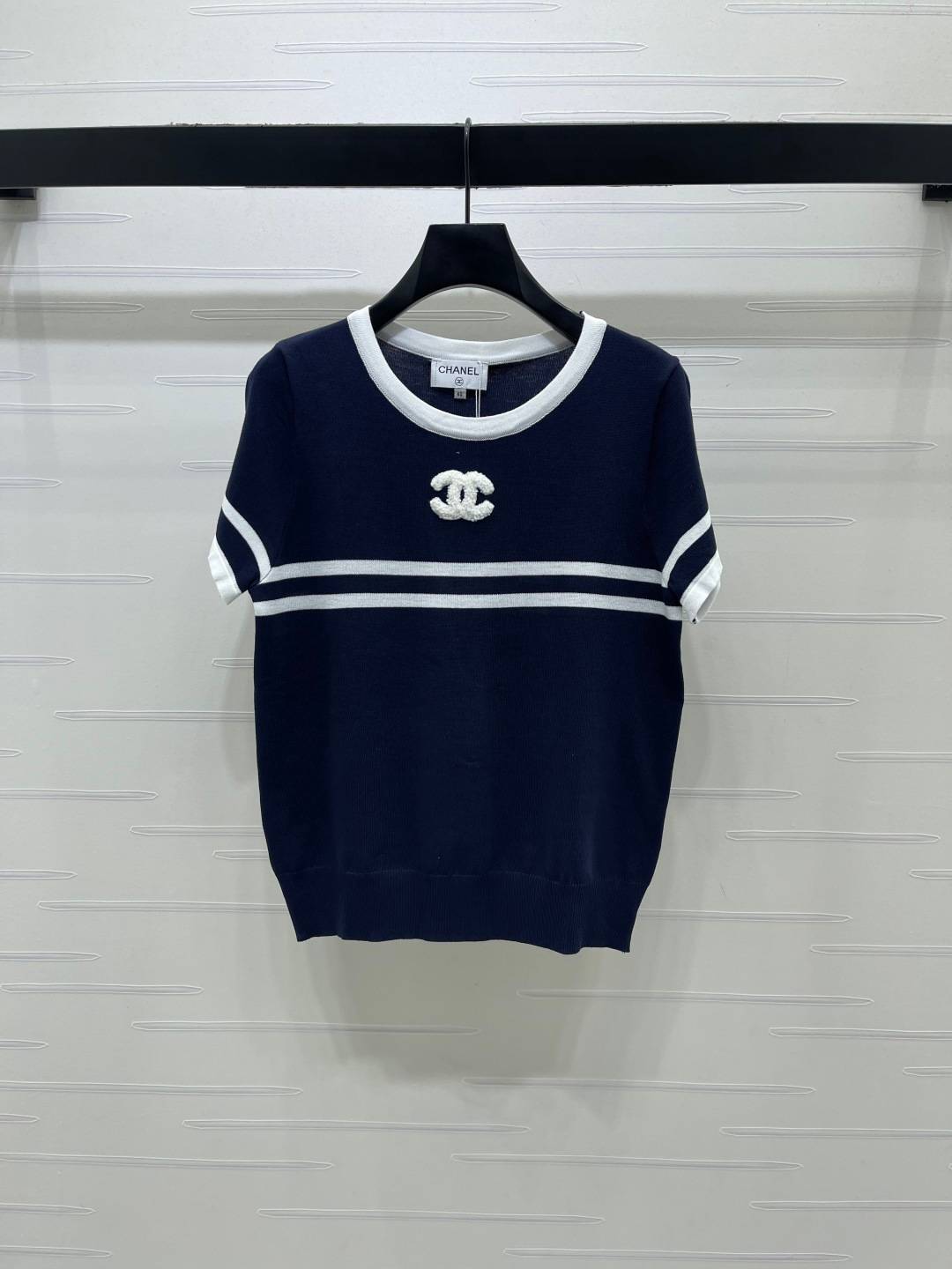 CHANEL シャネル 半袖ニット クルーネック 双C ロゴ ネイビー