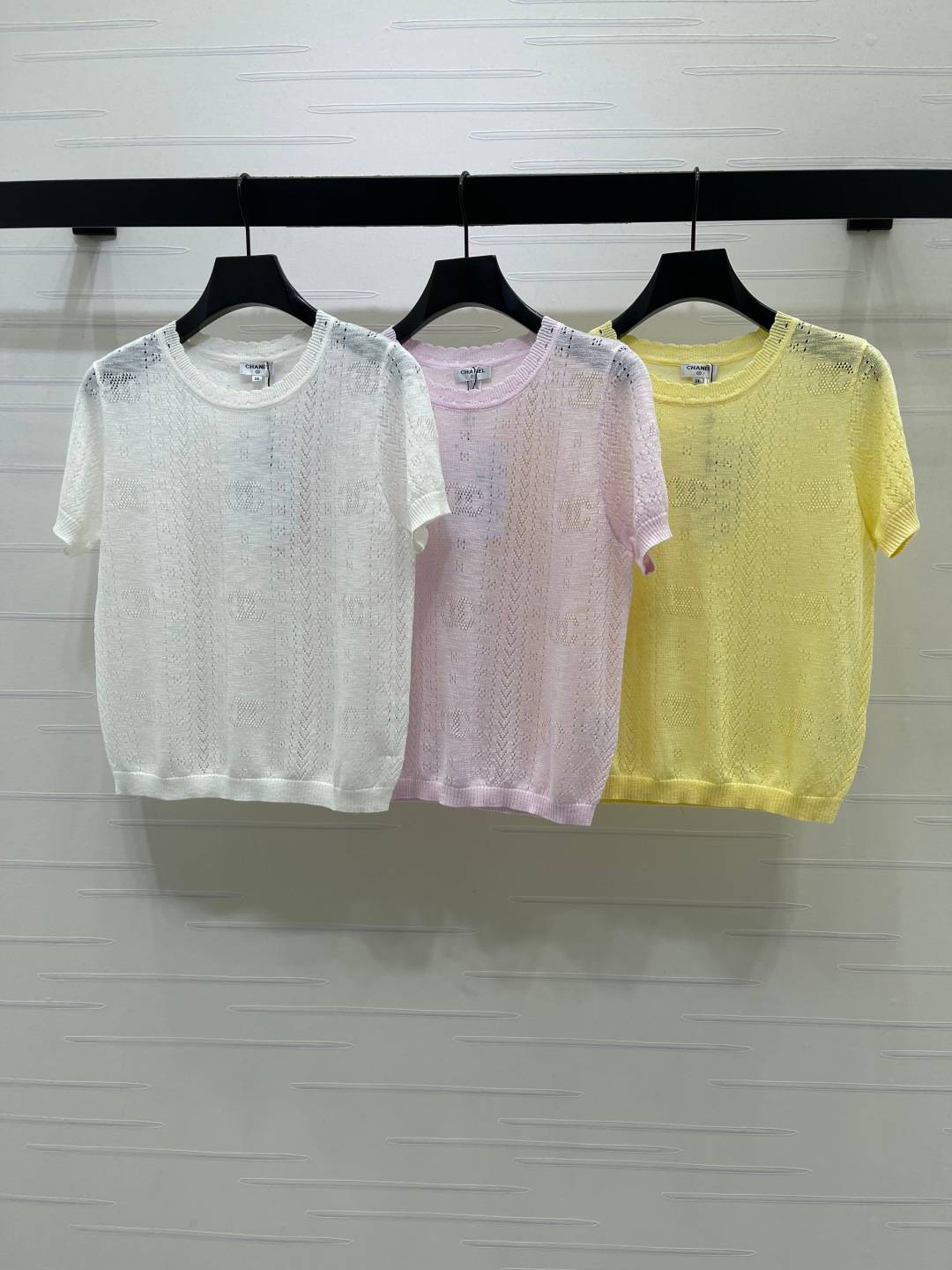 CHANEL シャネル リブニット 半袖 クルーネック ホワイト ピンク イエロー