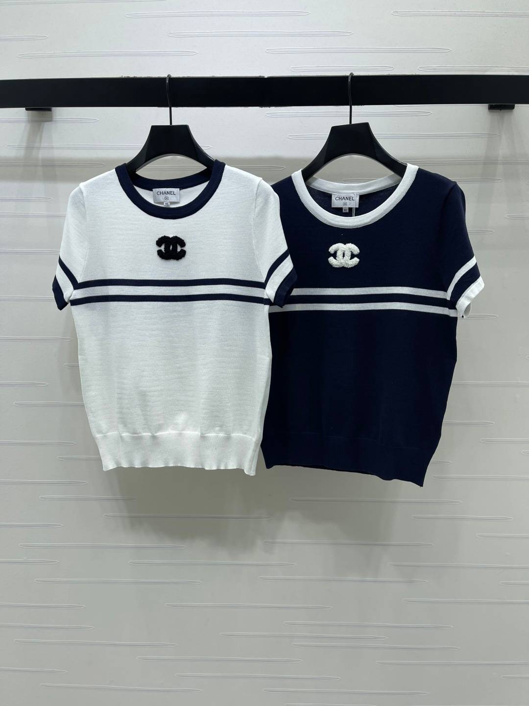 CHANEL シャネル ニット 半袖 クルーネック ストライプ 白 ネイビー