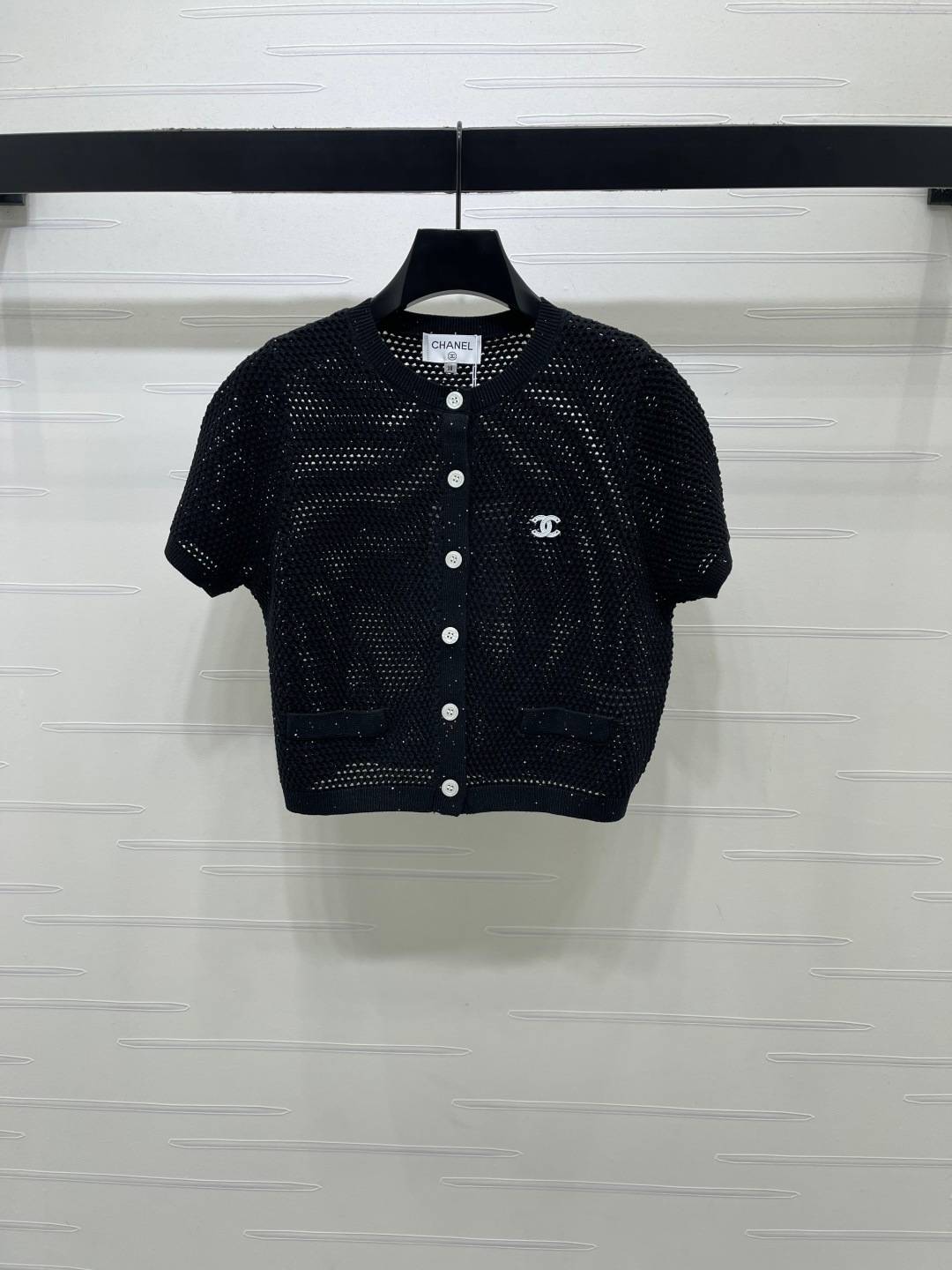 CHANEL シャネル ニットカーディガン 半袖 クルーネック ボタン ブラック