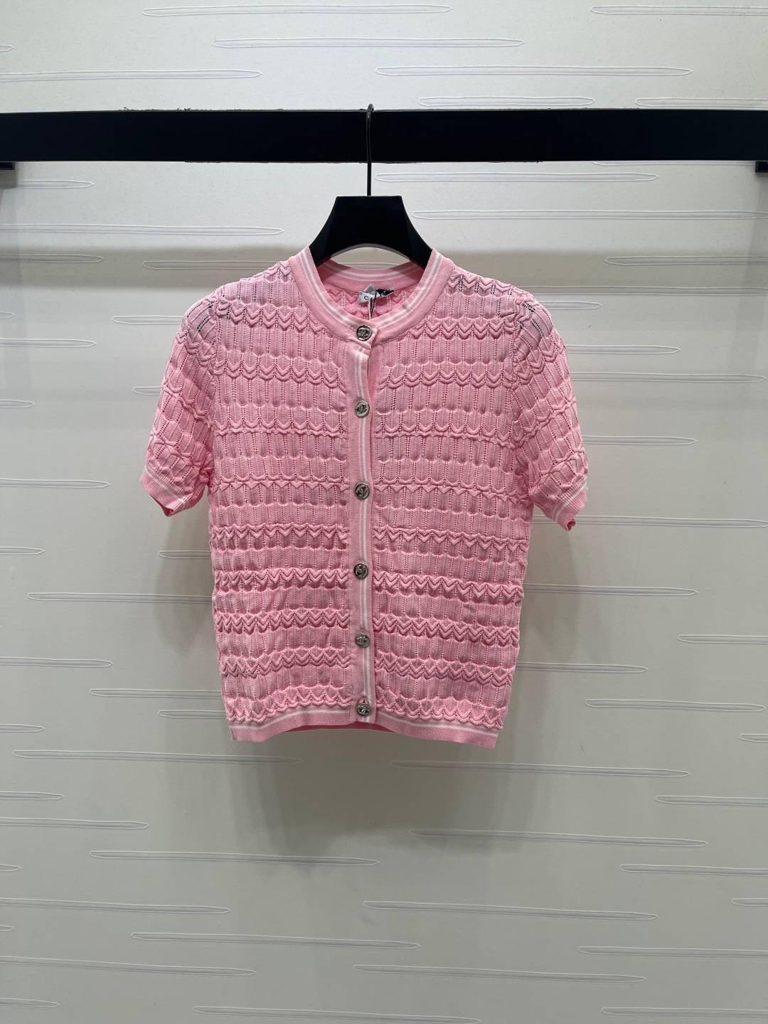 CHANEL シャネル ニットカーディガン 半袖 ボタン クルーネック ピンク