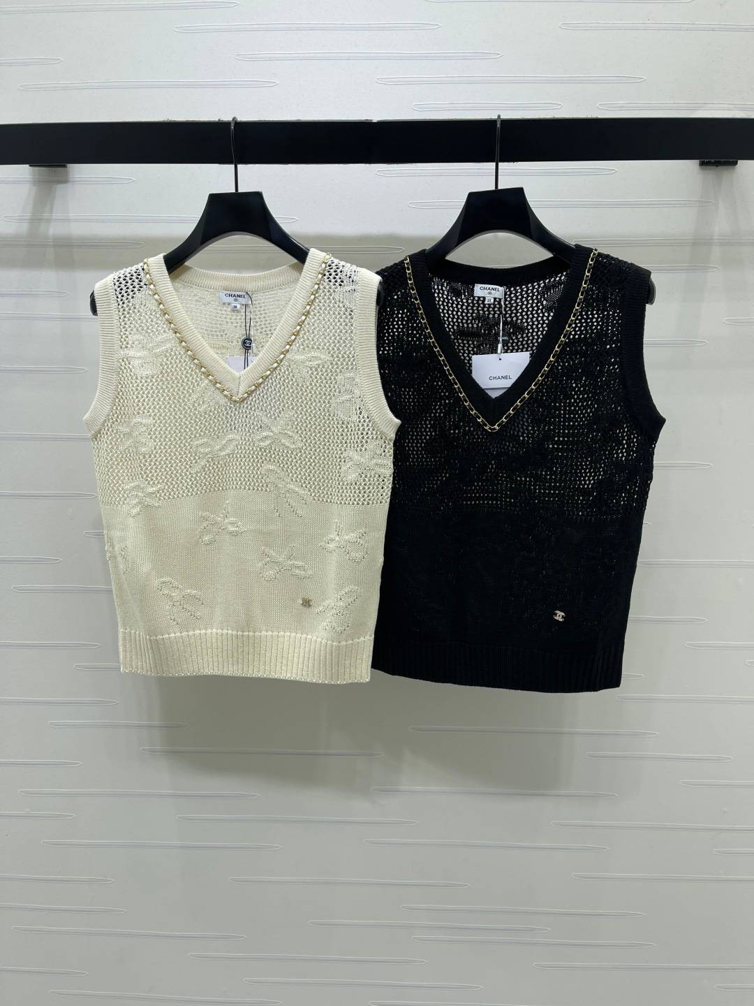 CHANEL シャネル ニットベスト Vネック レイヤード ベージュ ブラック