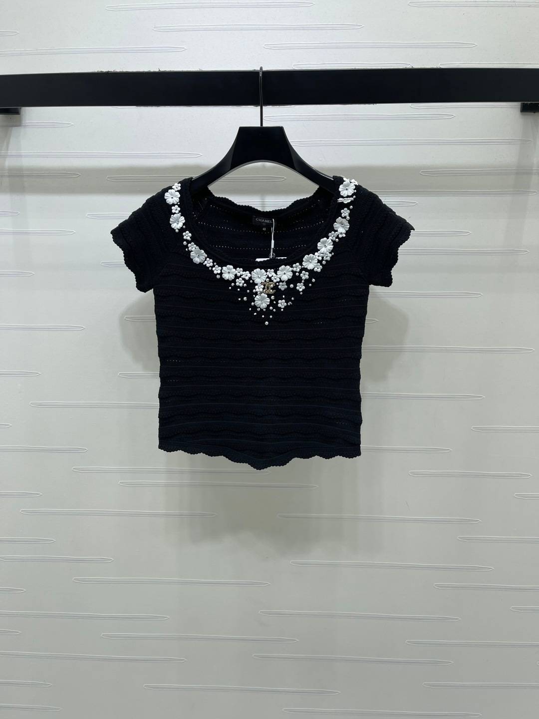CHANEL シャネル ニット 半袖 ビーズ装飾 フラワー ブラック