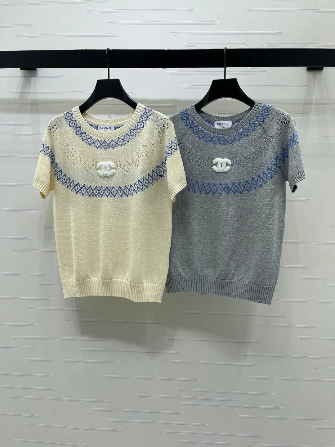 CHANEL シャネル ニット クルーネック 半袖 編み柄 ベージュ グレー