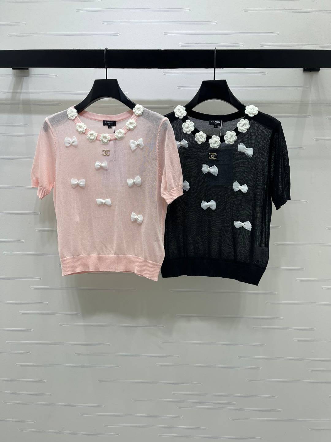 CHANEL シャネル 半袖ニット 立体リボン 花柄 春夏 ピンク ブラック