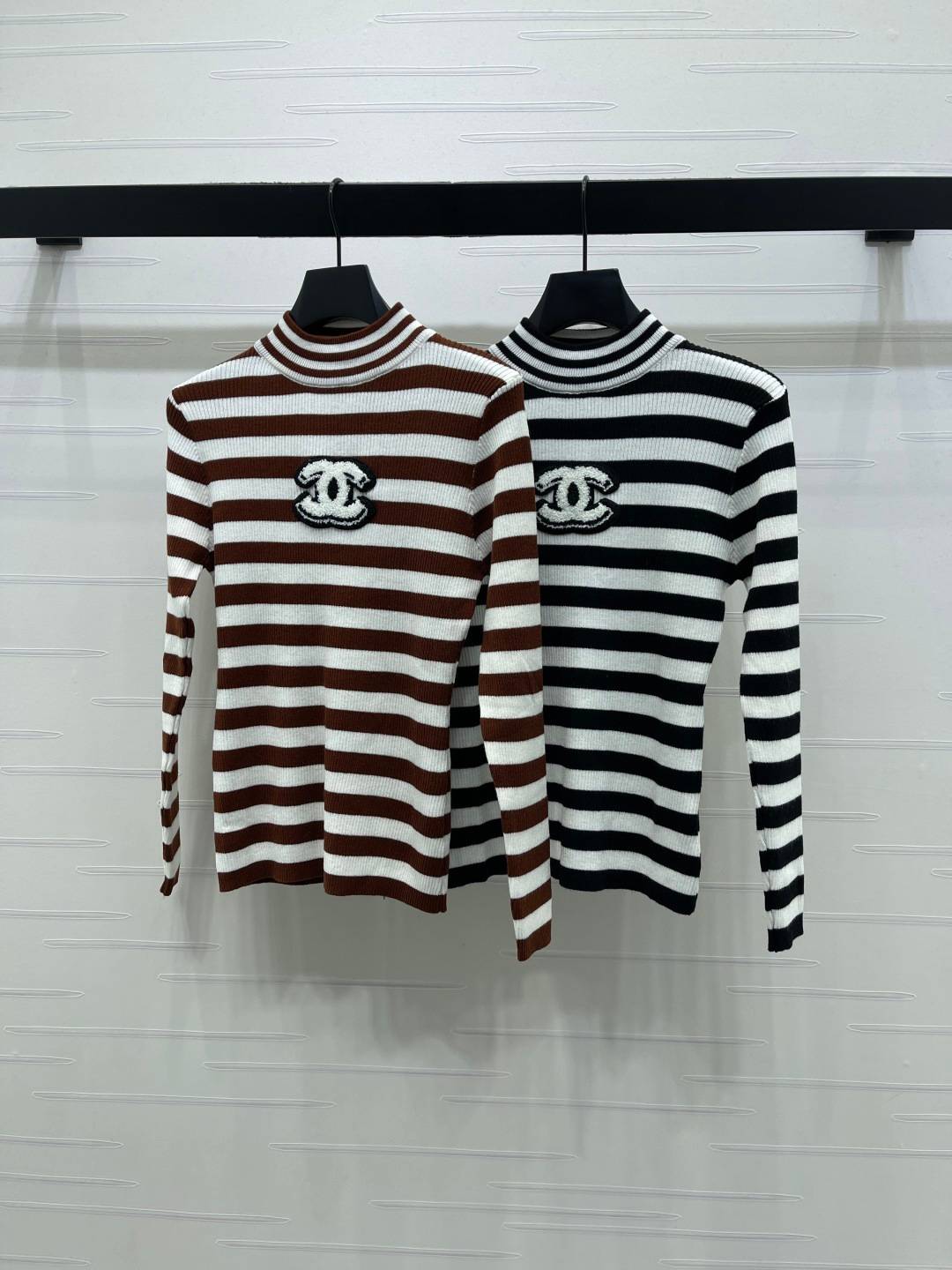 CHANEL シャネル ニット 長袖 ストライプ リブニット ブラウン ブラック