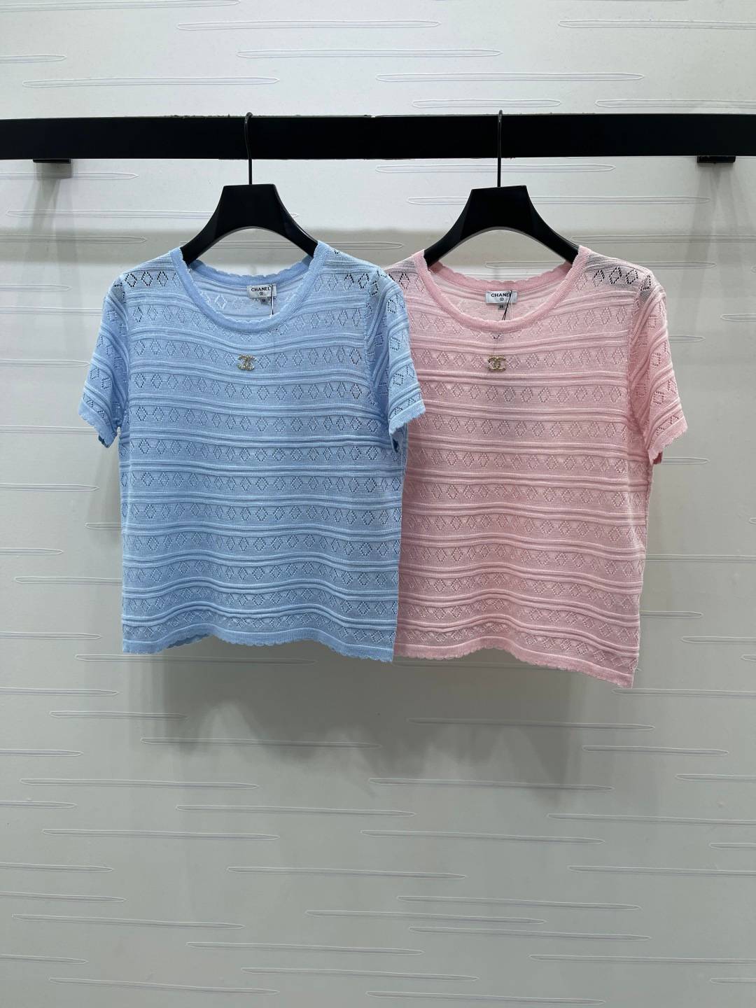 CHANEL シャネル ニット 半袖 クルーネック メッシュ ライトブルー ピンク