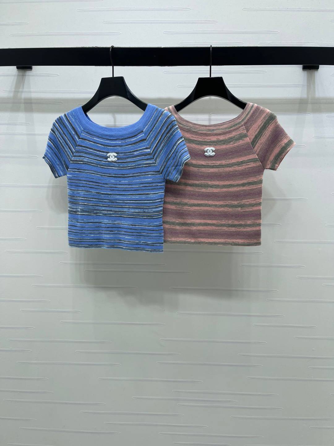 CHANEL シャネル ニット 半袖 ショート丈 リブ ブルー ピンク