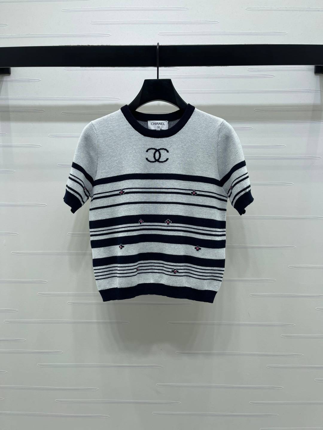 CHANEL シャネル ニット 半袖 クルーネック ストライプ ホワイト