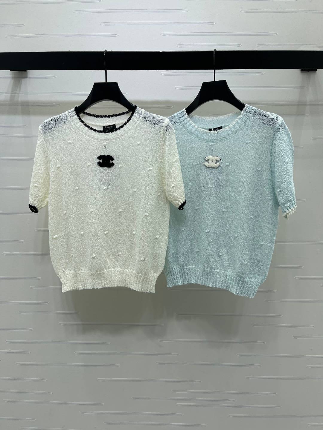 CHANEL シャネル ニット 半袖 クルーネック レディース ホワイト ライトブルー