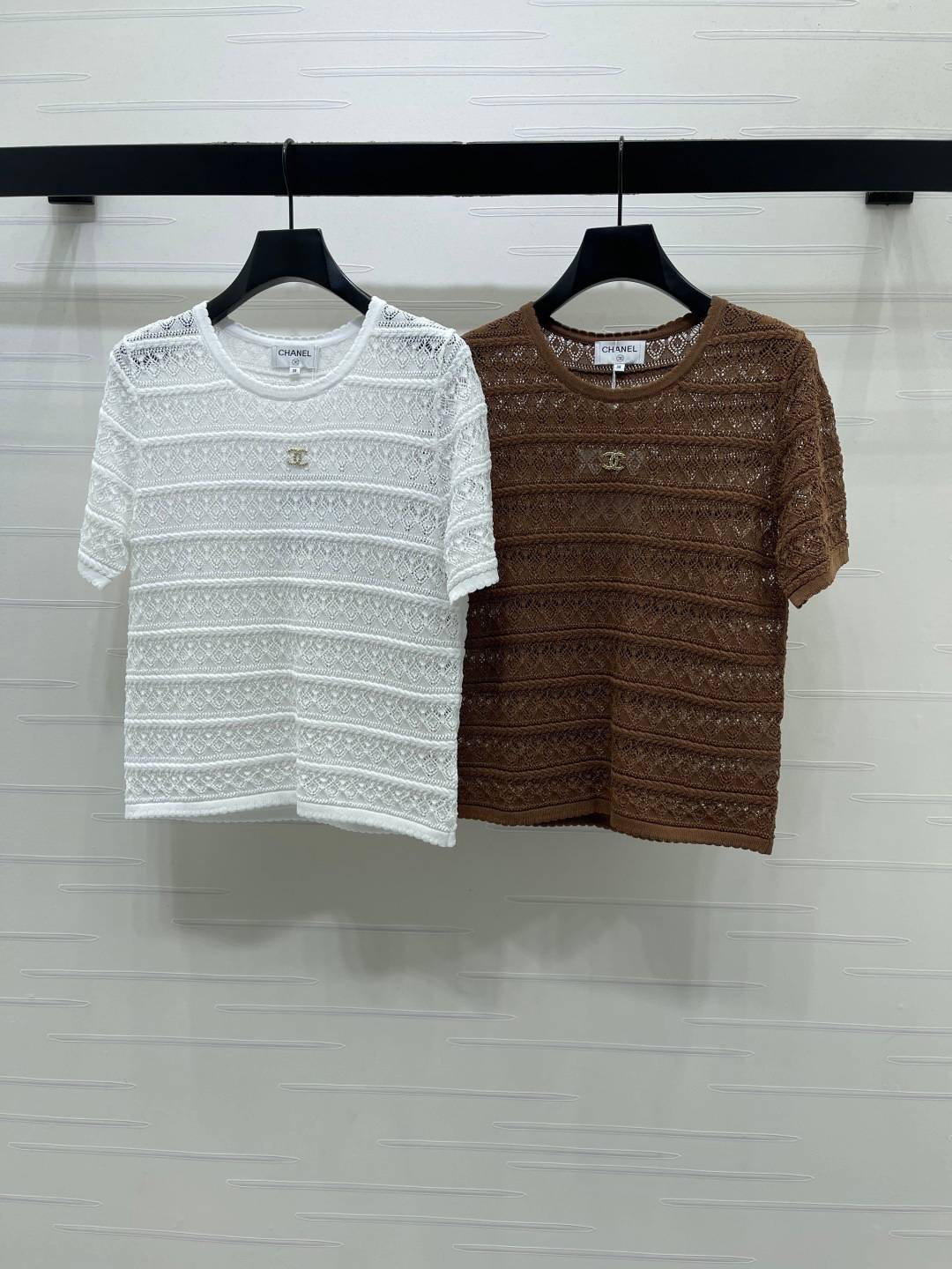 CHANEL シャネル ニット 半袖 クルーネック 透け ホワイト ブラウン