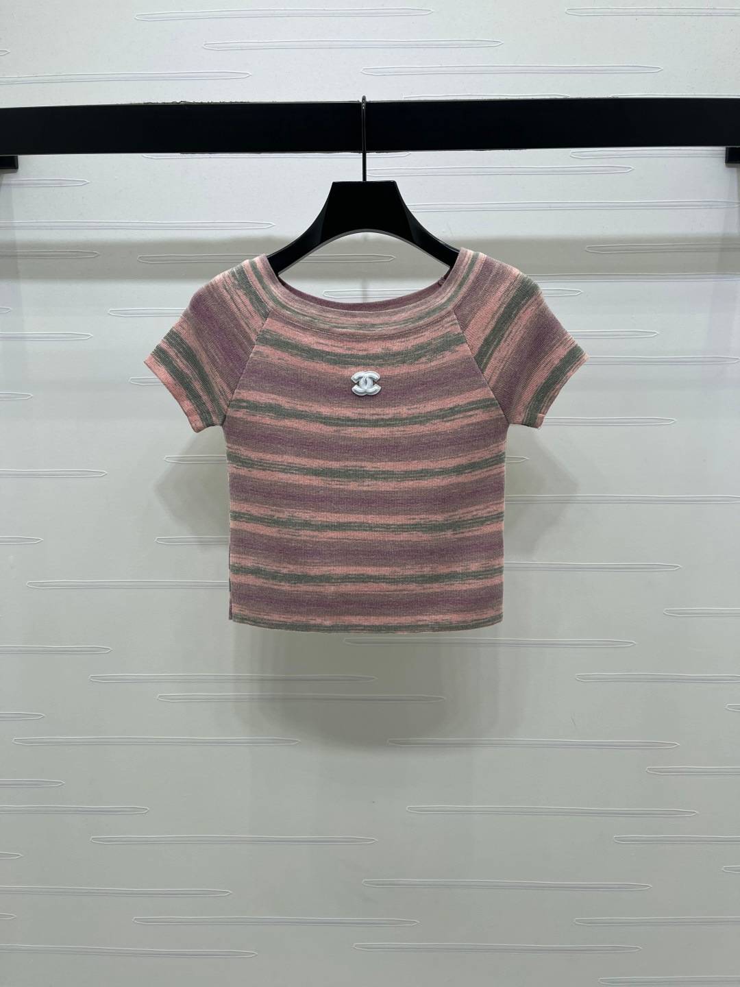 CHANEL シャネル ニット 半袖 クルーネック ショート丈 ピンクストライプ