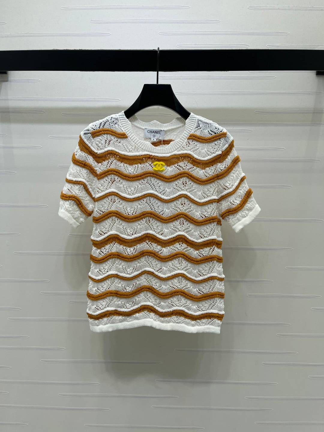 CHANEL シャネル ニット 半袖 クルーネック レース編み ストライプ 白 茶色